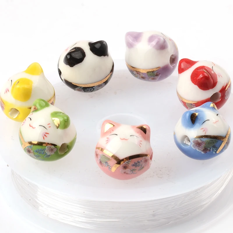 14mm Cute V-neck cat Ceramic Beads Multiple Mixed Colors Loose Beads For Jewelry Making Handmade Diy Porcelain beads Wholesale