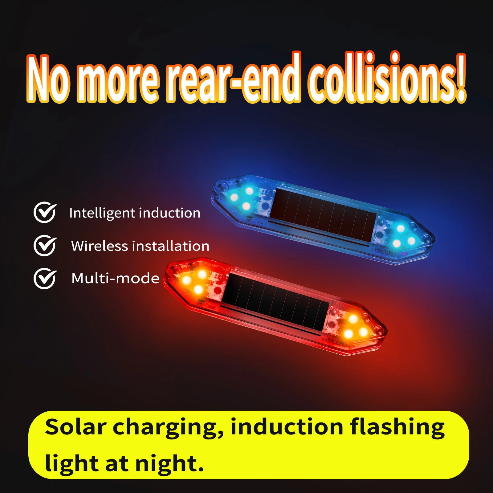 Solar powered car anti rear end collision LED flashing light, no wiring electric motorcycle warning light