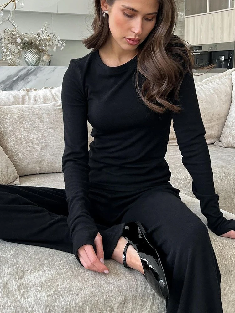 Hiloc Black Pajamas For Women 2 Piece Sets Knitted O Neck Long Sleeve Sleepwear Female Trouser Suits Autumn Casual Homewear