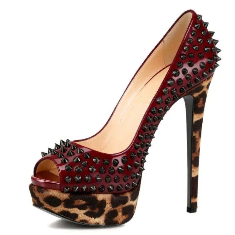 DIZHUANG Fashionable women's high heels. Wine red leather studded single shoes. About 15cm heel height. Peep toe pumps. Fashion