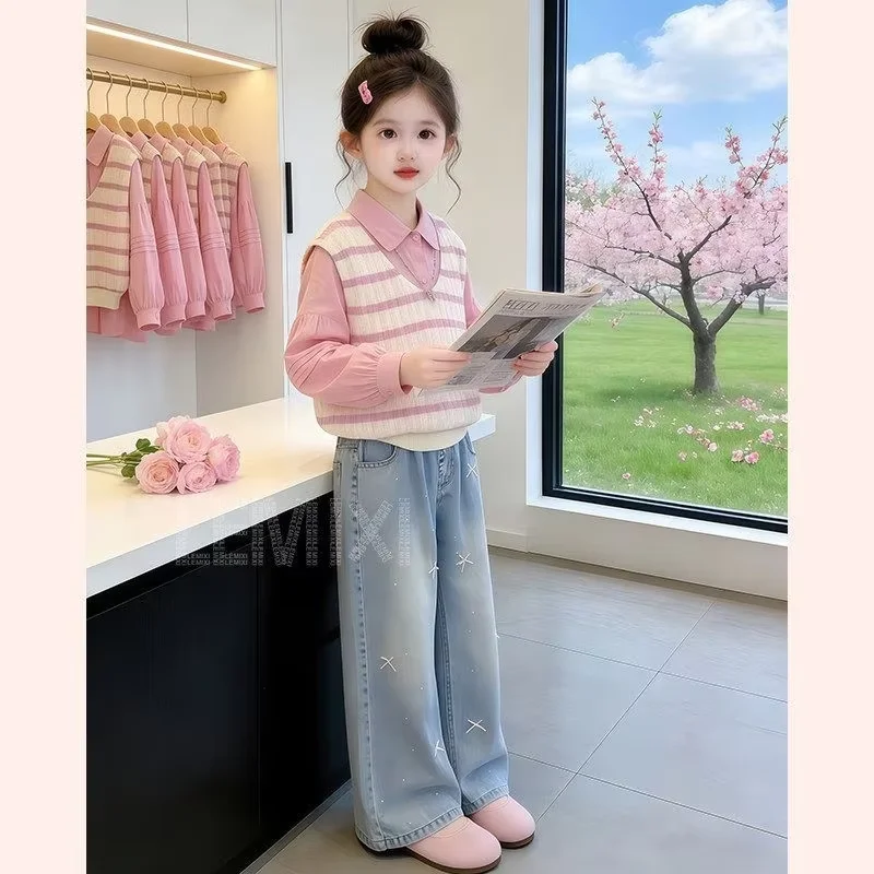 Girls' Spring and Autumn Set New Korean Edition Middle and Large Children's Knitted Vest Shirt Blue Jeans 3-Piece Set