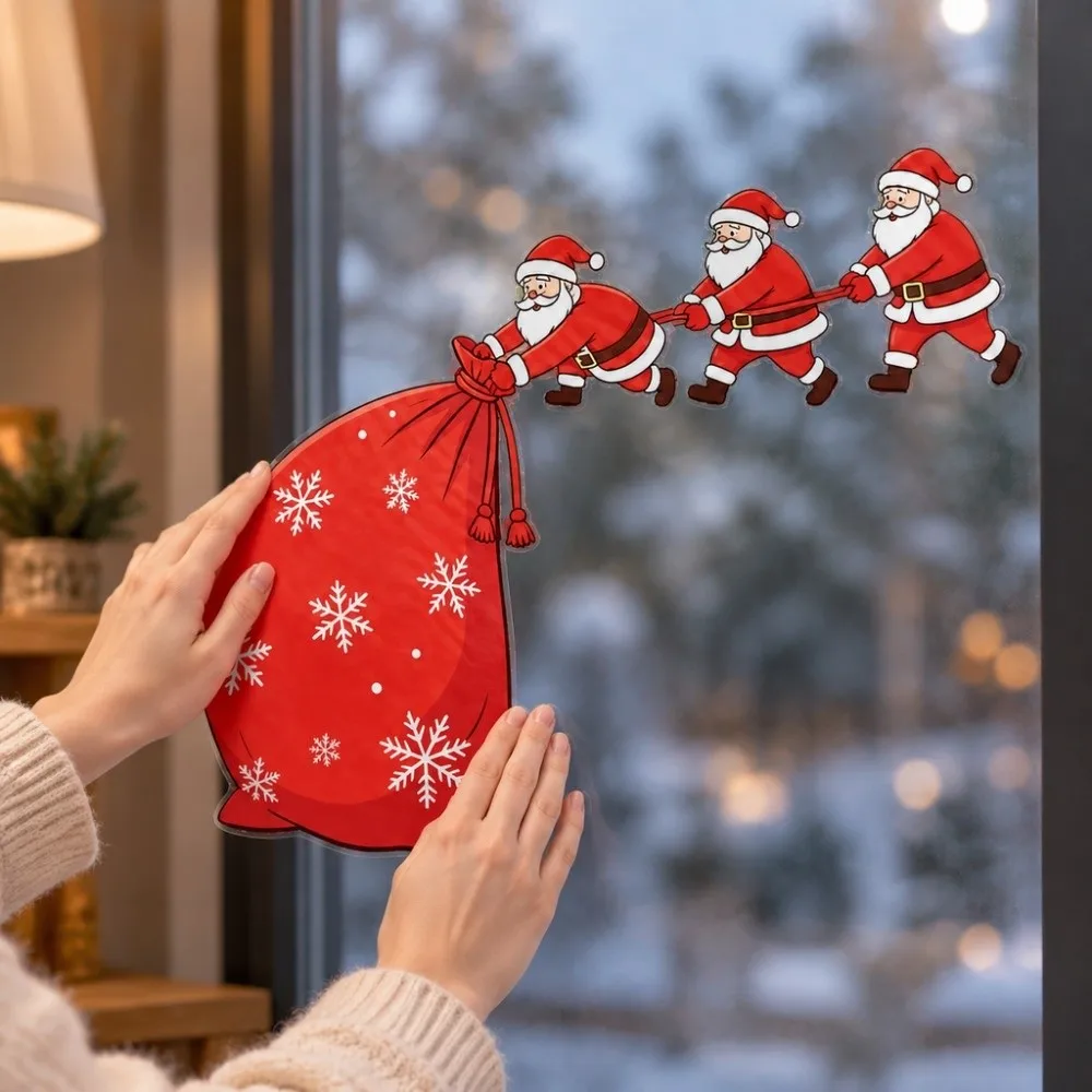 Santa Claus Gift Bag Wall Decals 2D Cartoon Pattern PVC Door Frame Decor Self-Adhesive Mural Decoration New Year Home Decor