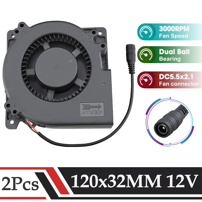 2Pcs GDSTIME DC 12V Fan 120MM Turbo Blower Fan 120MM x 32MM DC Power supply Large air volume Fan 12cm Fan for Kitchen Equipment