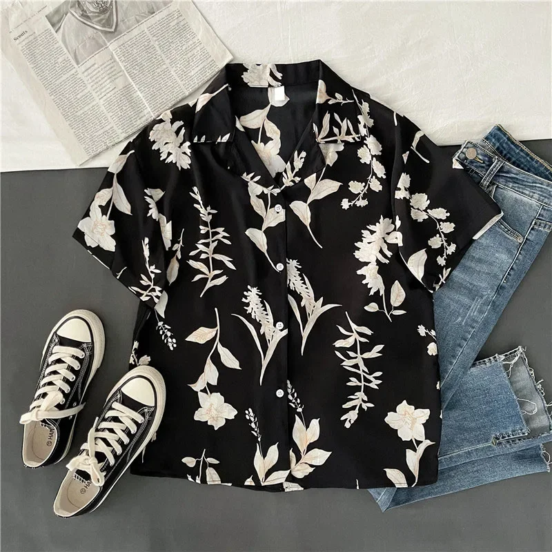 DAYIFUN-Leaf Printed Blouses Women Turn Down Collar Short Sleeve Elegant Shirts Casual Office Button Vintage Tops Autumn Blusas