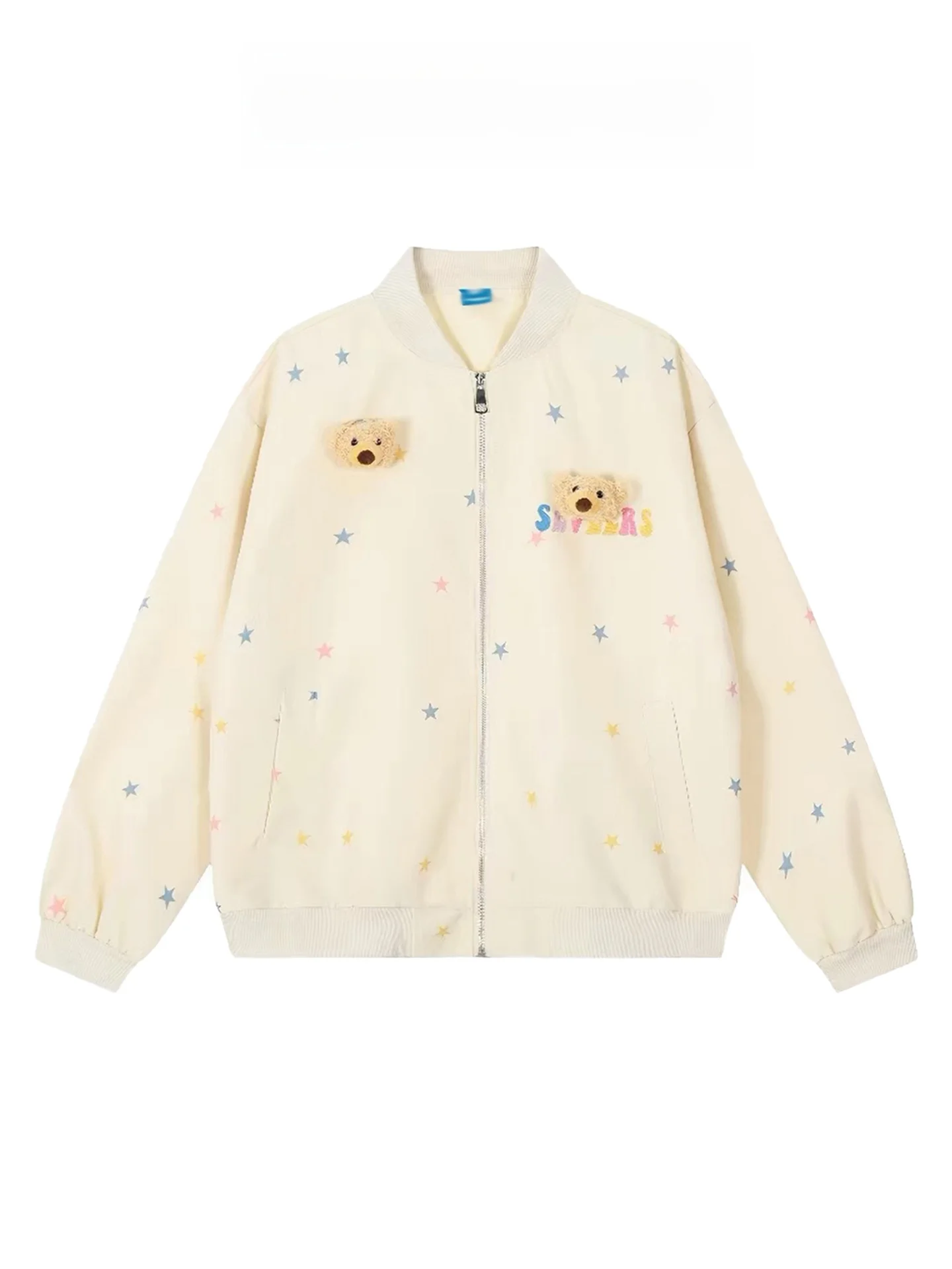 Loose Women's Baseball Jacket Bear Pendant Star Embellished Outerwear Casual American Style Fleece Lined Zipper Pocket Detail