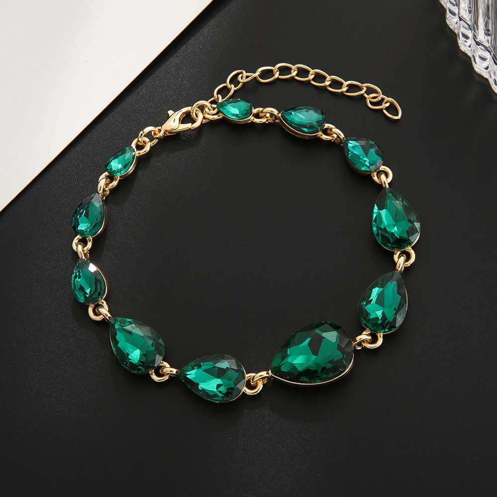 BLIJERY Gold Plated Green Crystal Bridal Bracelets For Women Waterdrop Design Bracelets & Bangles Brides Wedding Prom Jewelry