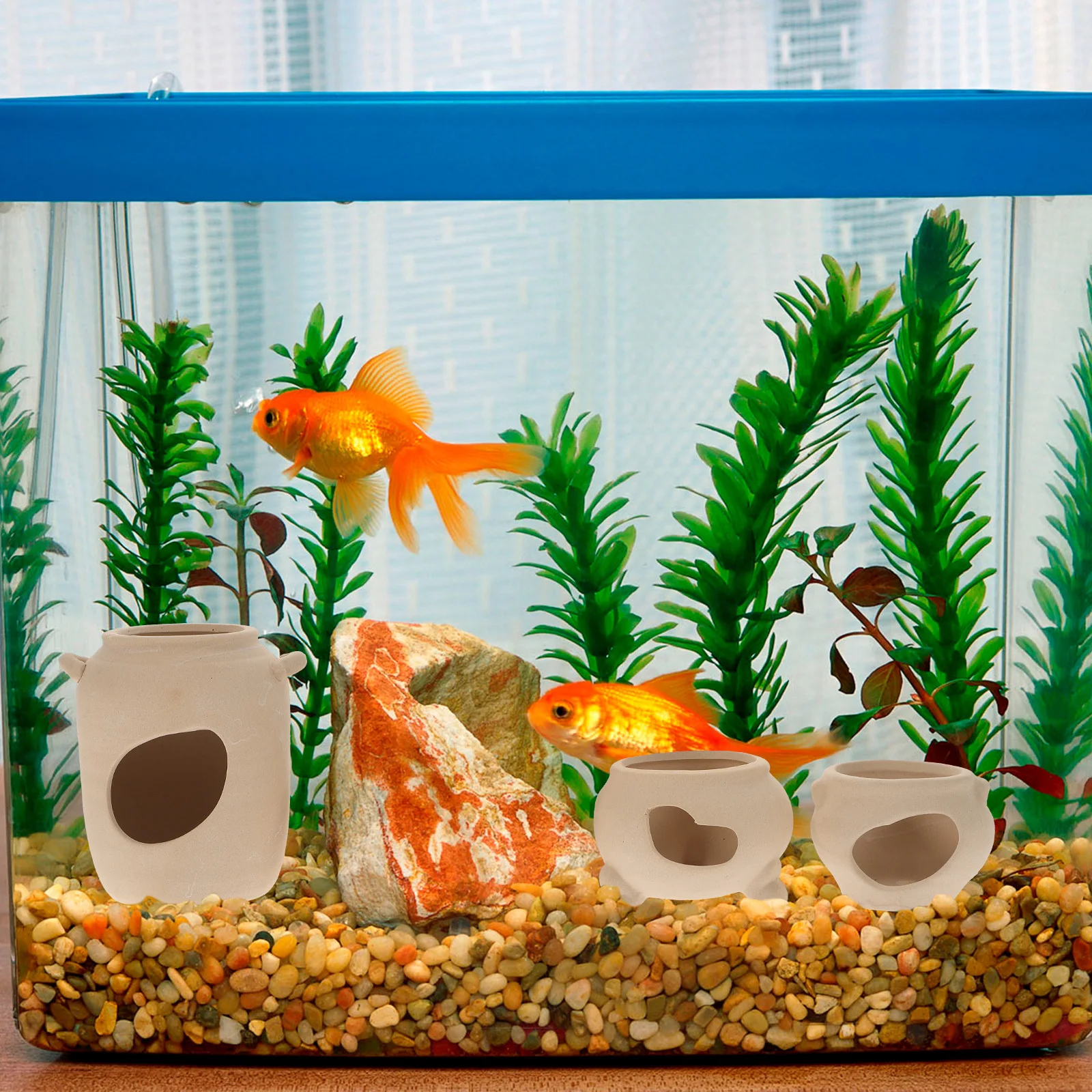 

3Pcs Aquarium Fish Ceramic Tank Decorations Beige Natural Color Stress Relieving Fish Shelters for Healthy Habitat