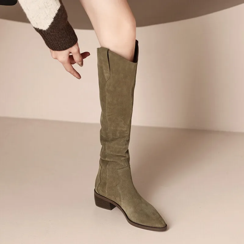 Autumn and Winter Knee-High Boots Women Genuine Leather 5CM Coarse Following Slip on Ladies Shoe Retro Slim Pleated Knight Boots