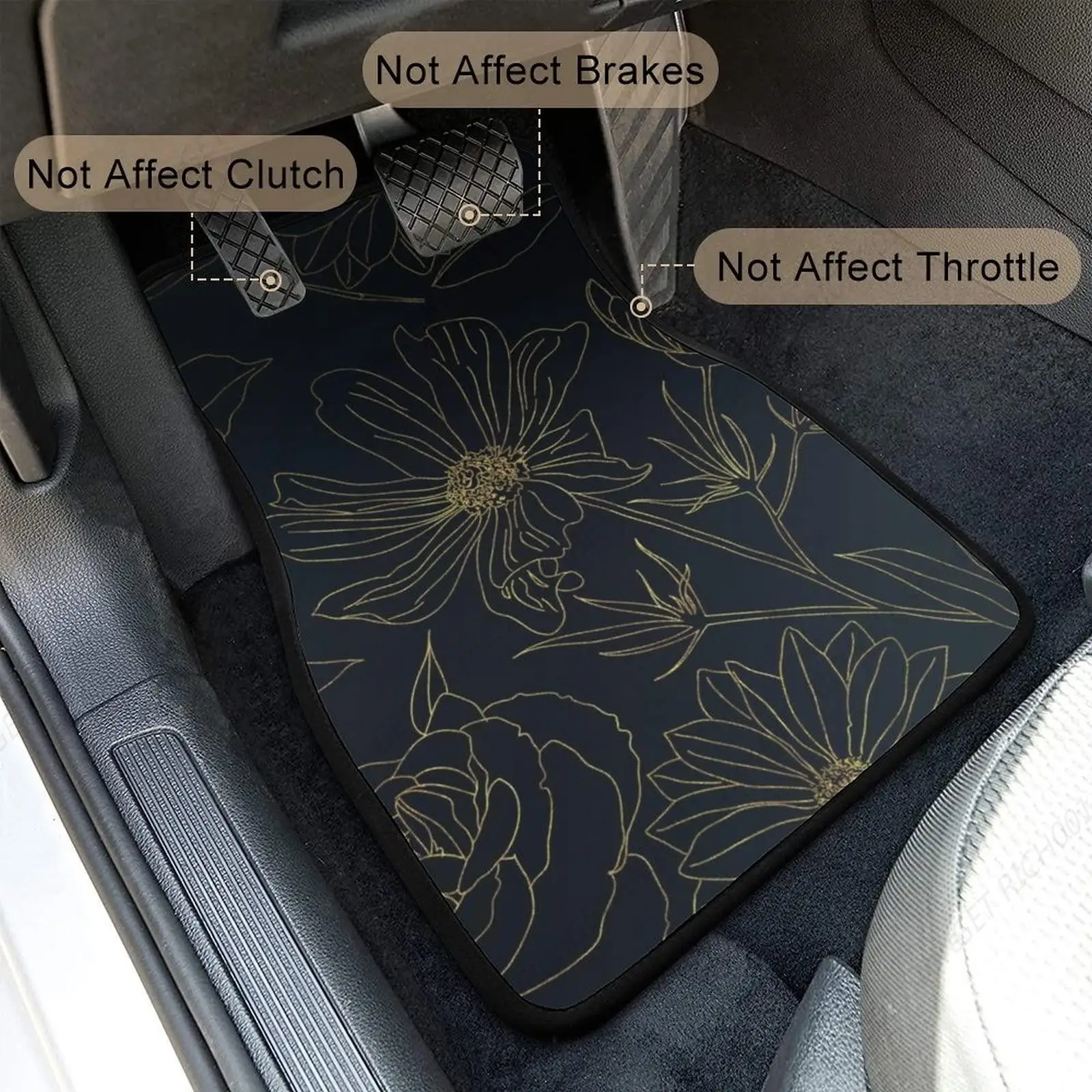 Elegant Gold Flowers Outlines Blue Gradient 4 Pieces Car Floor Mats Car Carpets Full Sets Universal Fit for SUV Vans Sedans