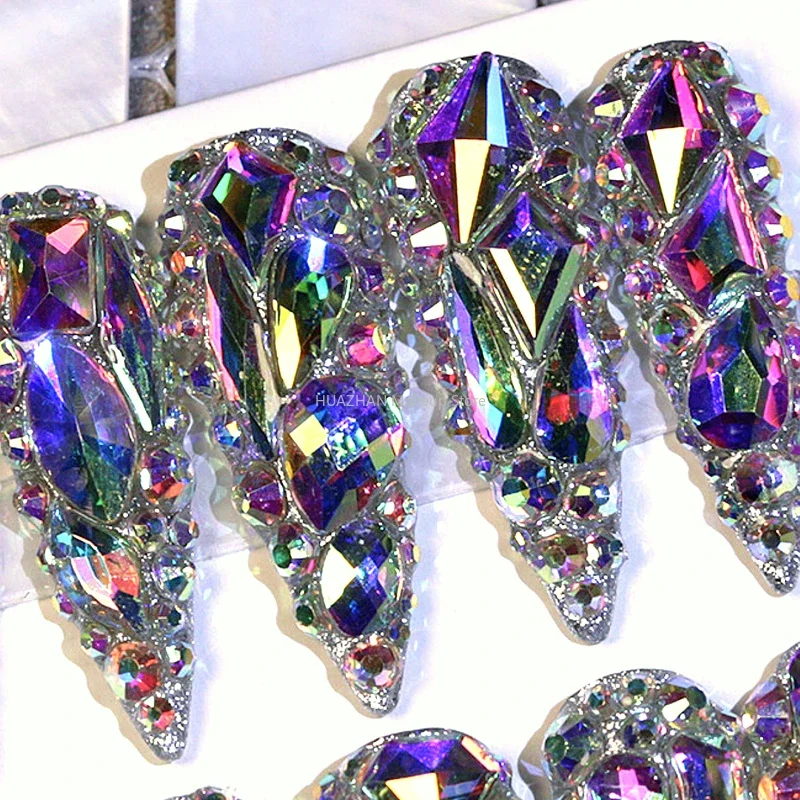 Handmade Bling Rhinestone Press On Nails False Nails Tips Glittery Full Cover Long Stiletto Coffin Acrylic Fake Nail With Glue