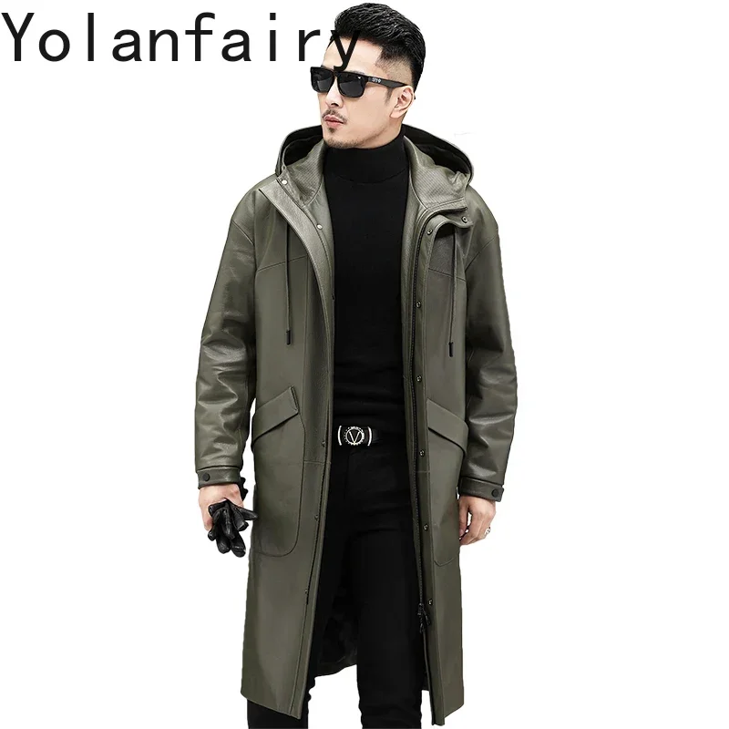 YOLANFAIRY Genuine Leather Windbreaker Jacket Casual Long Leather Coats Men Jackets Hooded Sheepskin Coat Loose Handsome Top