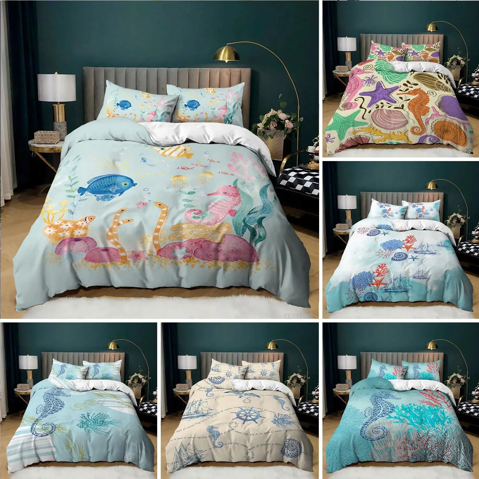 Ocean Bedding Set King/Queen Size Nautical Coastal Bedding,hippocampus Comforter Cover for Kid Boys Girls,Sea Animal Duvet Cover