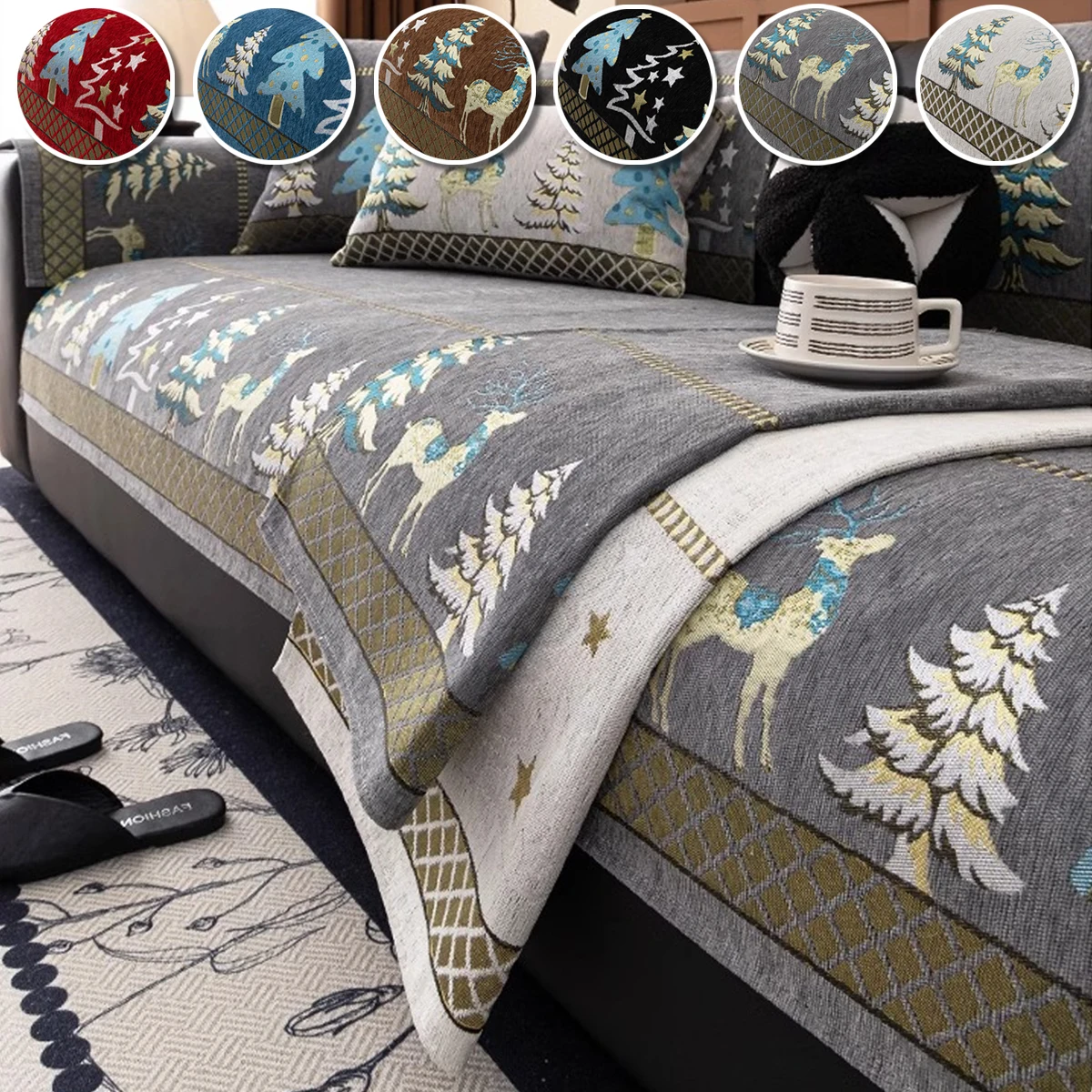 

Universal Chenille Christmas Sofa Mat Cover Christmas Tree Deer Pattern Sofas Cover Anti-Slip Fully Covered Sofa Covers Fabric