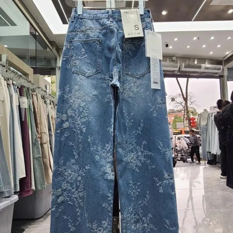 Kore Niş Jakarlı Geniş bacak Kot Kadın Yaz Pantolon Yeni Tasarım Sense Yüksek bel Rahat Düz bacak Kat uzunlukta Pantolon