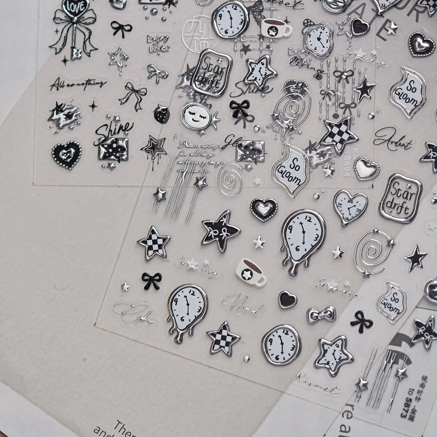 Silver Metal Nail Stickers 5D Ring Cherry Clock Watch Starburst Love Rate Chart Moon Star Line Bowknot Nail Art Stickers Decals