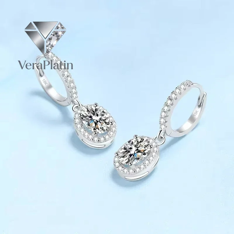 

VeraPlatin Women Wedding Jewelry 18K White Gold Valentine's Day Drop Earrings 1CT Oval Moissanite Diamond PT950 Platinum Girl Bi