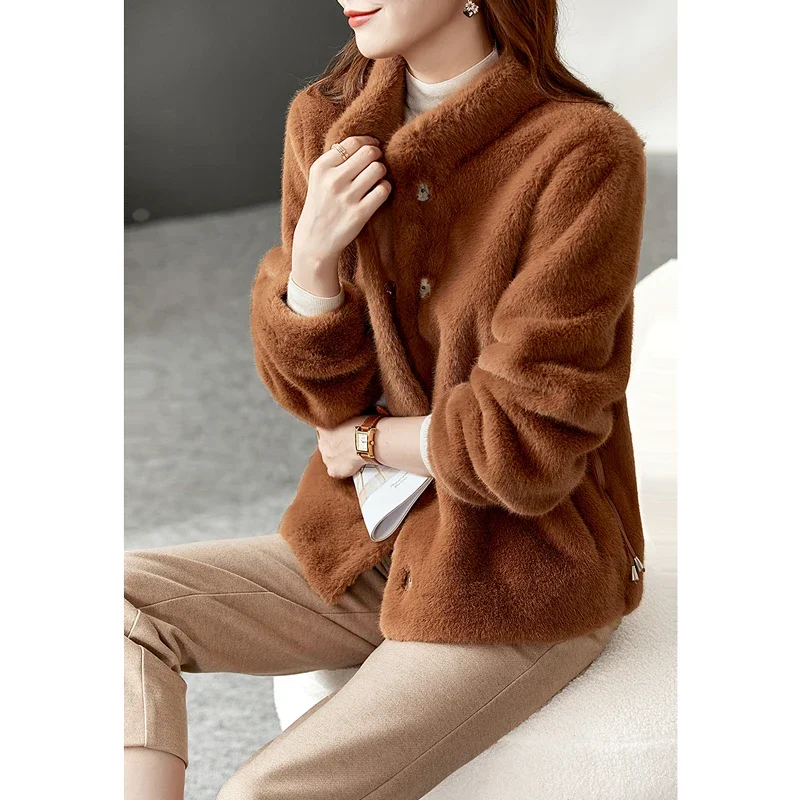 Vimly Faux Fur Fluffy Jacket for Women 2023 Luxury Winter Stand Collar Short Warm Coat Single Breasted Female Overcoats 50382