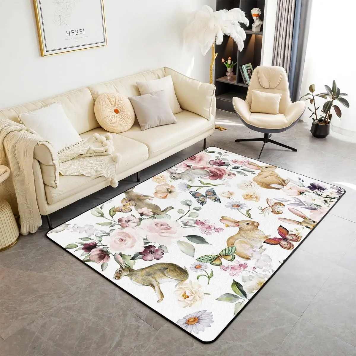 Erosebridal Bunny Living Room Rugs,Pink Rose Floral Area Rug,Eiffel Tower Carpet Runner Non Slip,Easter Egg Rabbit Decorative