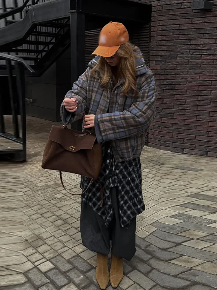 Retro Plaid Cotton Pad Jacket Women Lapel Zipper Long Sleeve Loose Female Coat 2026 Spring Winter Casual Lady New In Outerwear