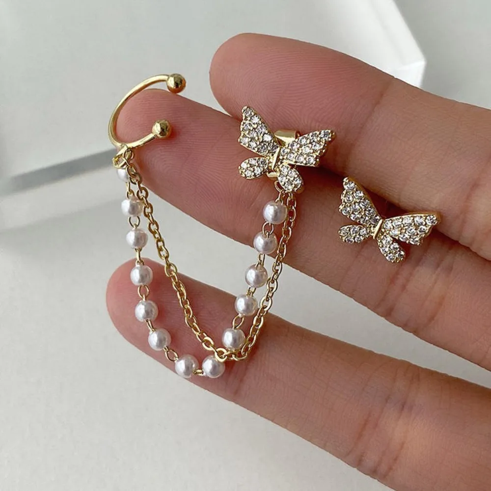 Butterfly Ear Studs Korean Fashion Earrings for Women Earclip Shiny Chain Tassel Earrings Women's Jewelry Birthday Party Gifts