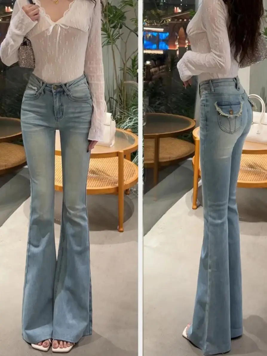 

High Waist Stretchy Slimming Pocket Design Long Pants Floor-Length Bootcut Jeans Casual Style High Waist Cotton Stretch Denim