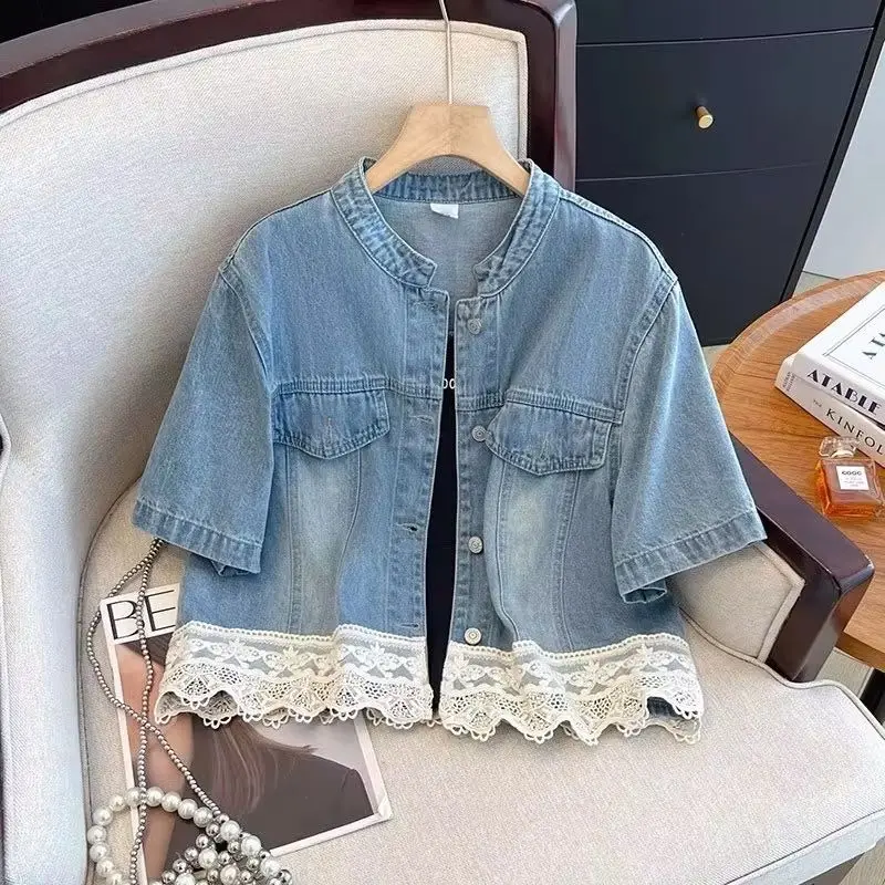 

Новинка 2023 года, корейская летняя кружевная лоскутная джинсовая куртка с короткими рукавами, женская элегантная тонкая повседневная ковбойская рубашка, женский топ