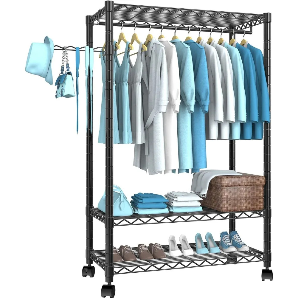 

Freestanding Clothing Rack, Portable Closet Wardrobe with 3 Adjustable Wire Shelves 1 Side Hook and 1 Clothe Rod for Hanging