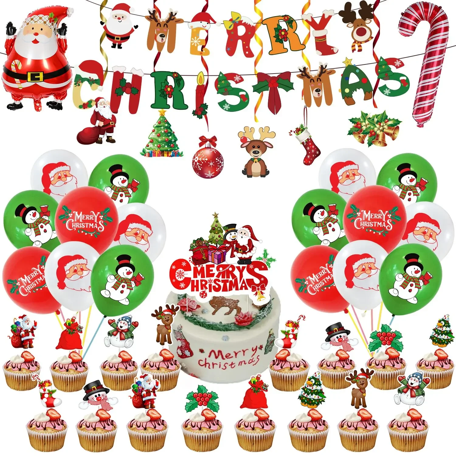 

JOYMEMO Merry Christmas Festival Party Decorations Balloons Santa Claus Christmas Tree Banner Cake Topper Hanging Swirls Set