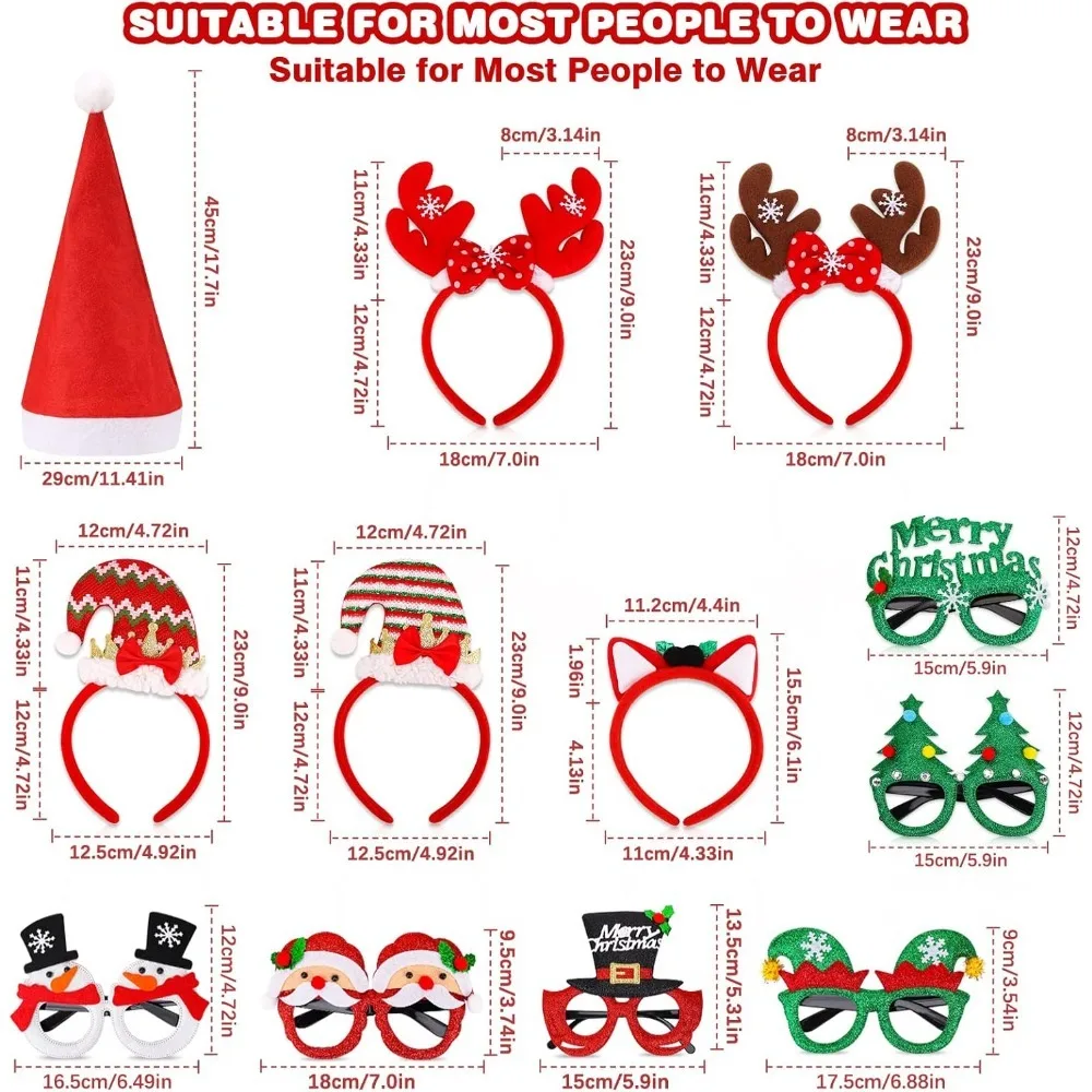 مجموعة قبعات عصابات رأس لامعة لنظارات عيد الميلاد، إطار نظارات على شكل طوق الشعر، قبعة سانتا دعائم صور لصالح حفلة عيد الميلاد #2
