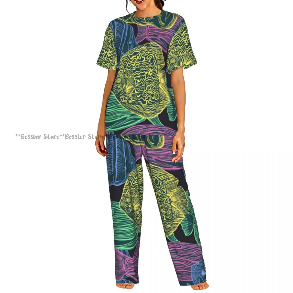 

Комплект пижам с изображением тропических рыб и морской флоры, женская домашняя одежда с короткими рукавами