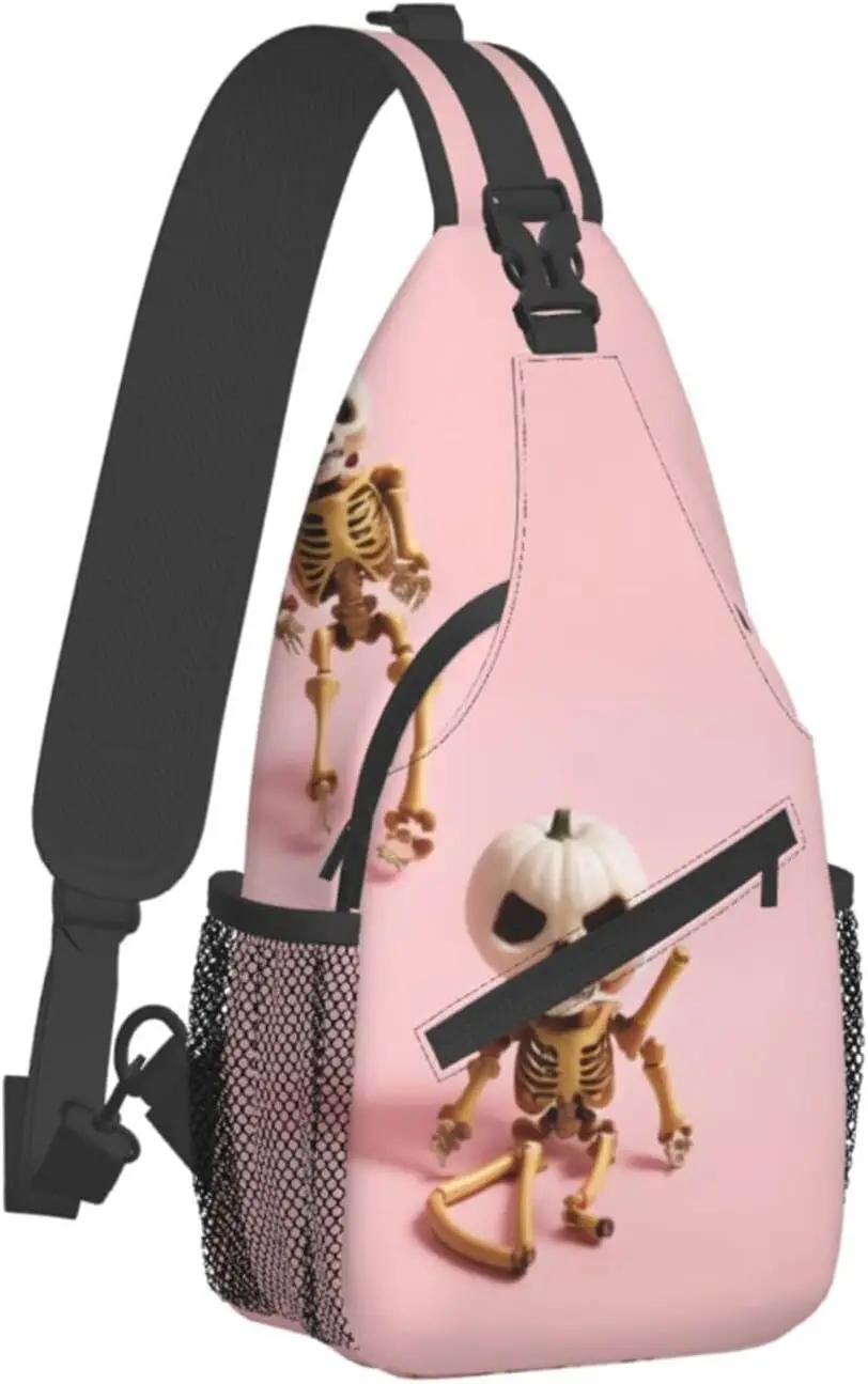 Halloween Pumpkin Skeleton Print Cross Chest Bag Diagonally Sling Backpack Fashion Travel Hiking Daypack Crossbody Shoulder Bag