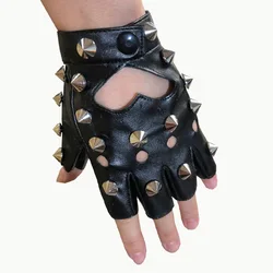 Stage Performance Leather Women Man Half-Finger Rivet Gloves Nightclub Dance Fashion Personality Punk Hip-Hop