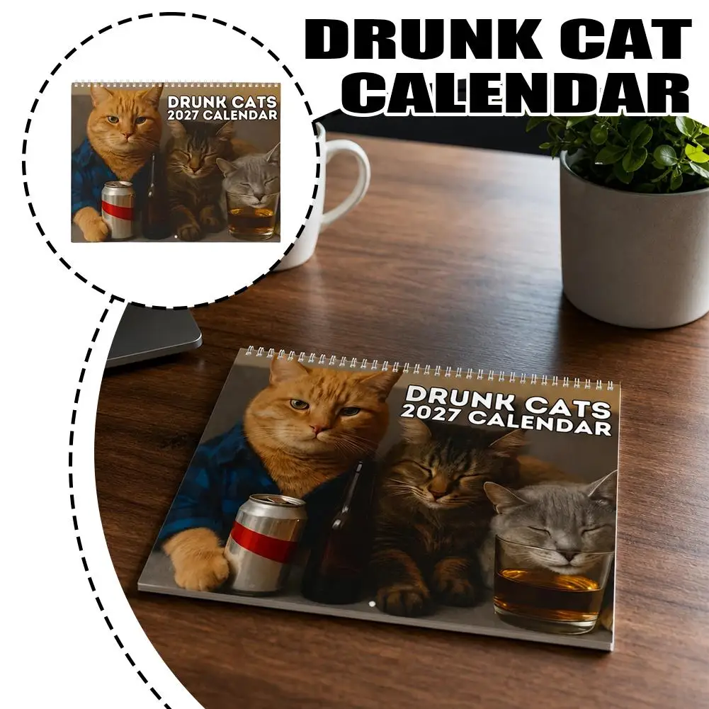 2027 Drunk Cats Wall Calendar 28×21cm Paper Hanging Calendar, 12‑Month Funny Cat Artwork Monthly Planner, Quirky Pet Theme Wall