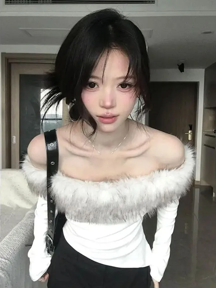 Sexy Slash Neck Furry Patchwork Long Sleeve T Shirt Women 2026 New Slim Fit Waist Y2k Spicy Girl Crop Top Fashion Tees