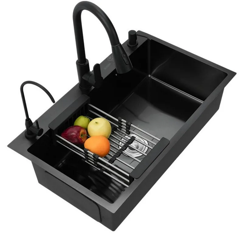 ブラックナノステンレス製キッチンシンク-58x43cm-シングル厚型洗面器-油汚れ防止-蓮の葉デザイン-耐傷性シンク