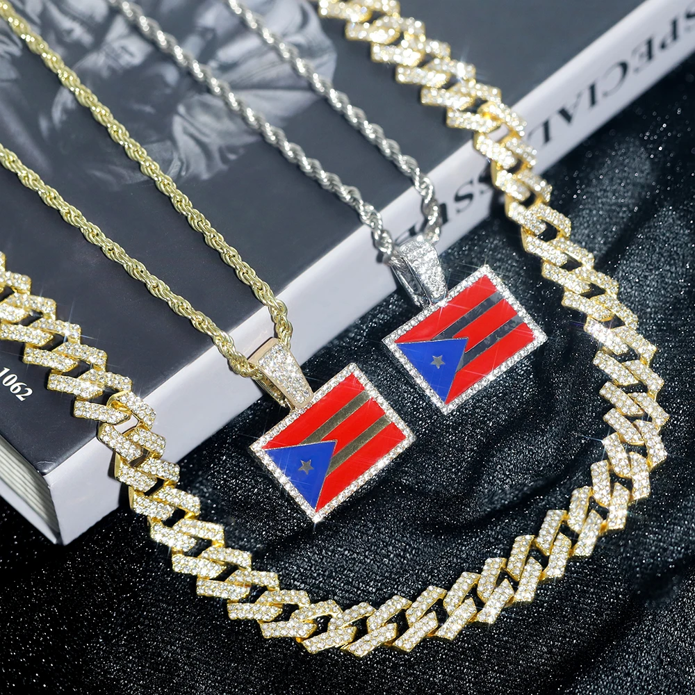 Hip-hop Punk Necklace Set Stylish Puerto Rico Flag Pendant Necklace With Cuban Chain Inlaid Diamonds Men Trend Jewelry Gift Set