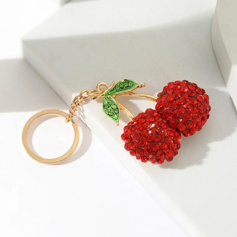 Sparkling 3D Cherries Keychain Charm Rhinestones Bag Accessory Fashionable Fruit Key Ring Ornament for Women F3MD