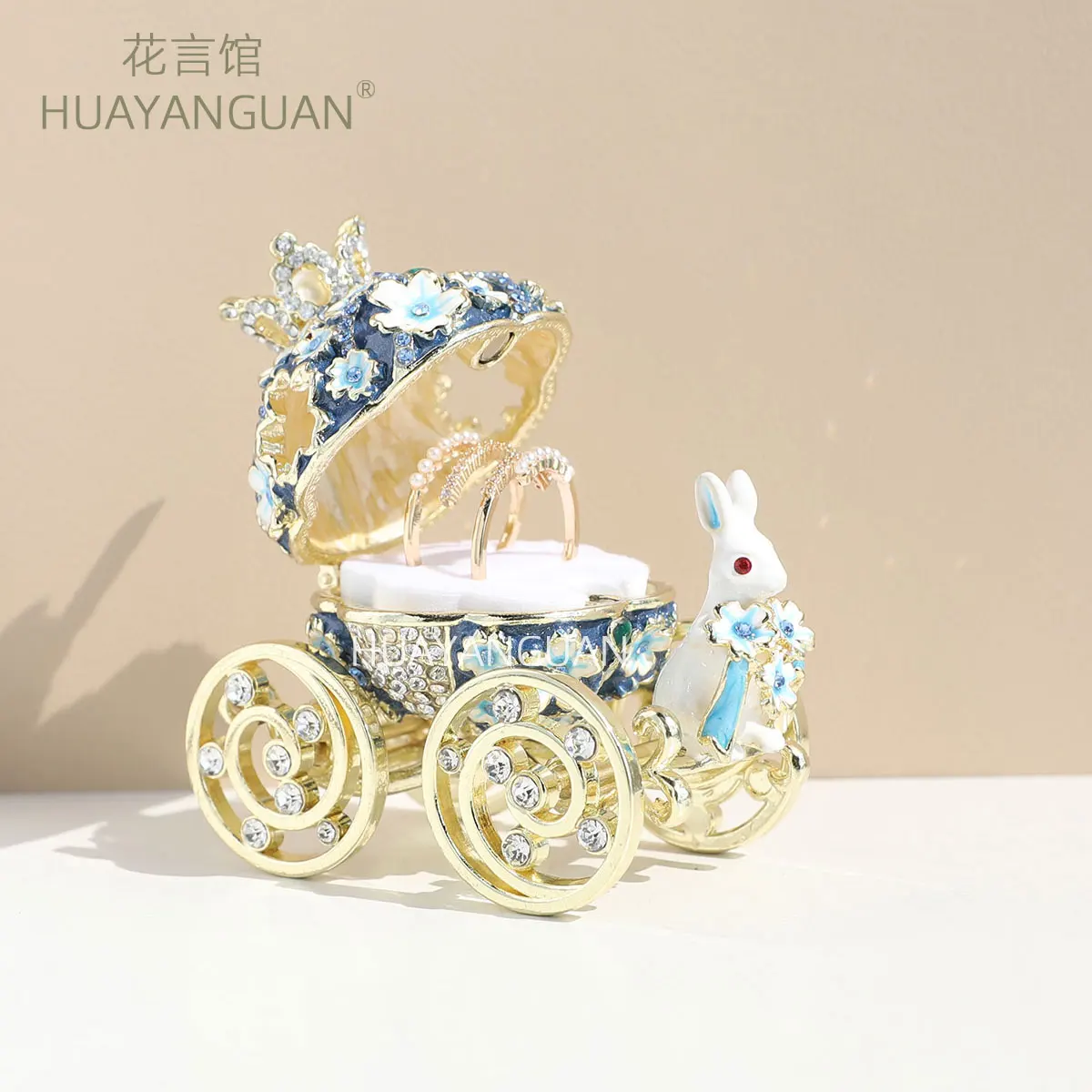 Blue Enamel Sakura Rabbit Carriage Jewelry Box Wedding Ring Box for Proposal Gift Storage Organizer Home Decoration