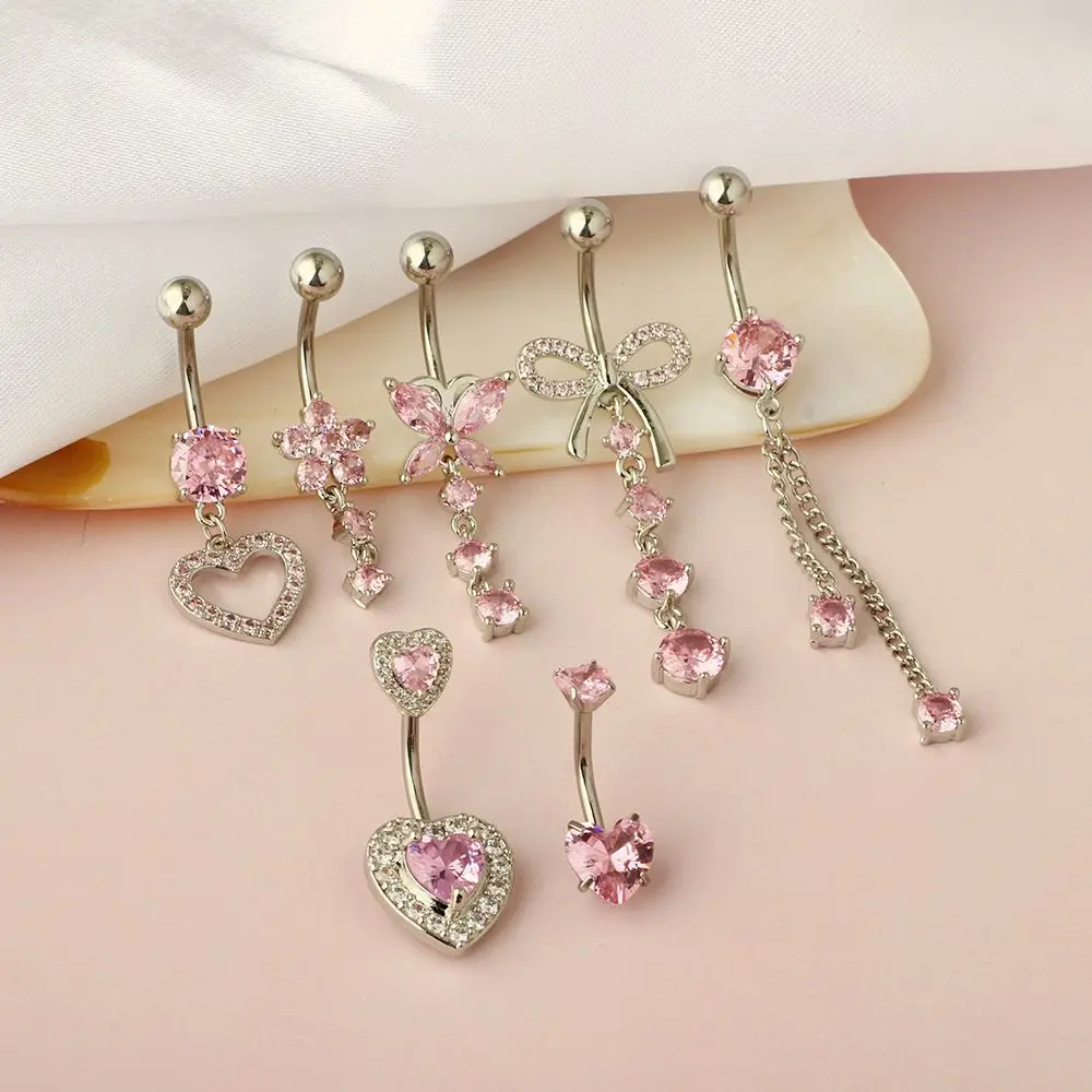 7pcs/lot Belly Button Ring Sets Pink Gold Crystalz Belly Piercing Jewelry for Women Flower Heart Curved Navel Piercing Nombril