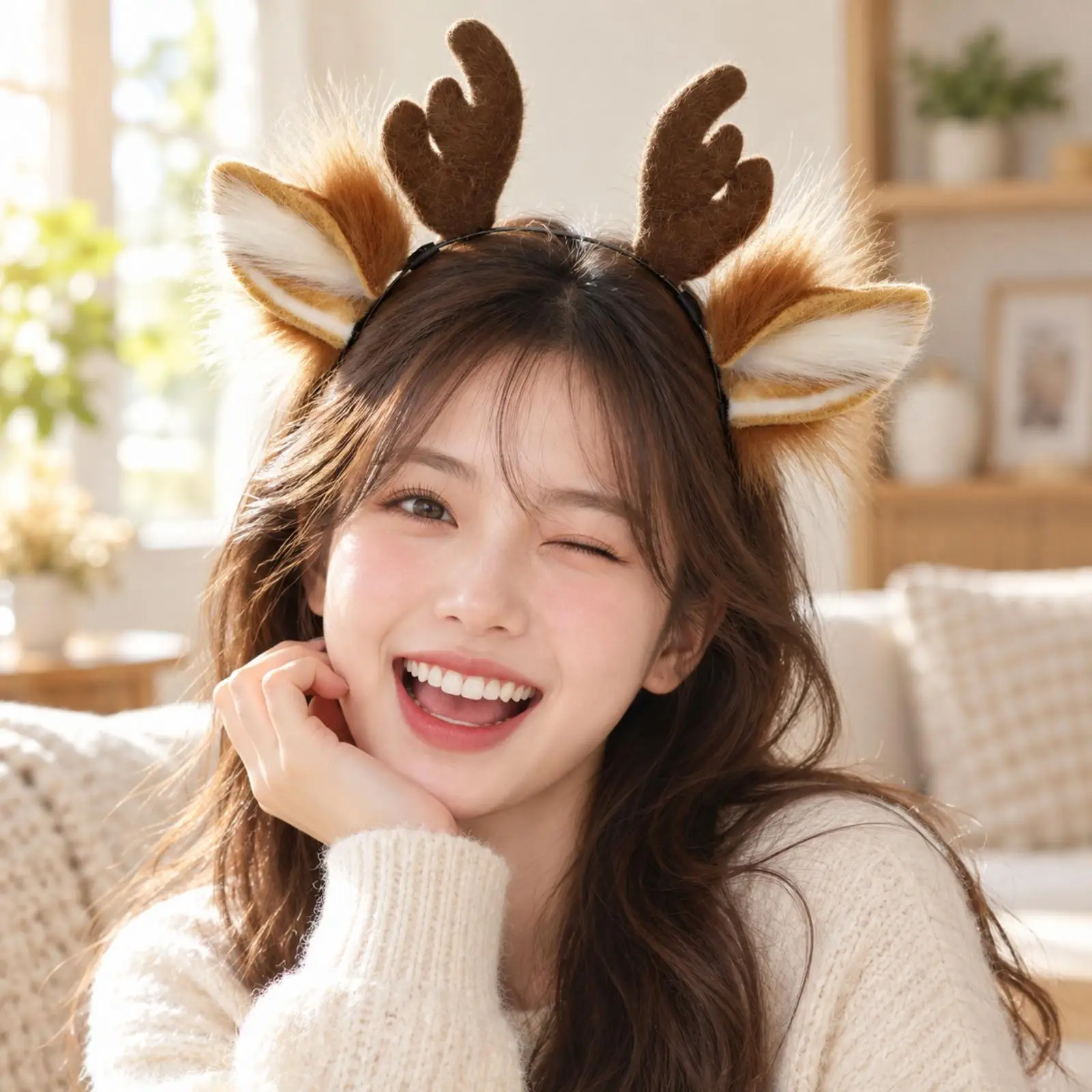 Plush Deer Antler Headband for Kids Girls Women Woodland Cosplay Costume Party Accessory with Removable Horns and Furry Ears