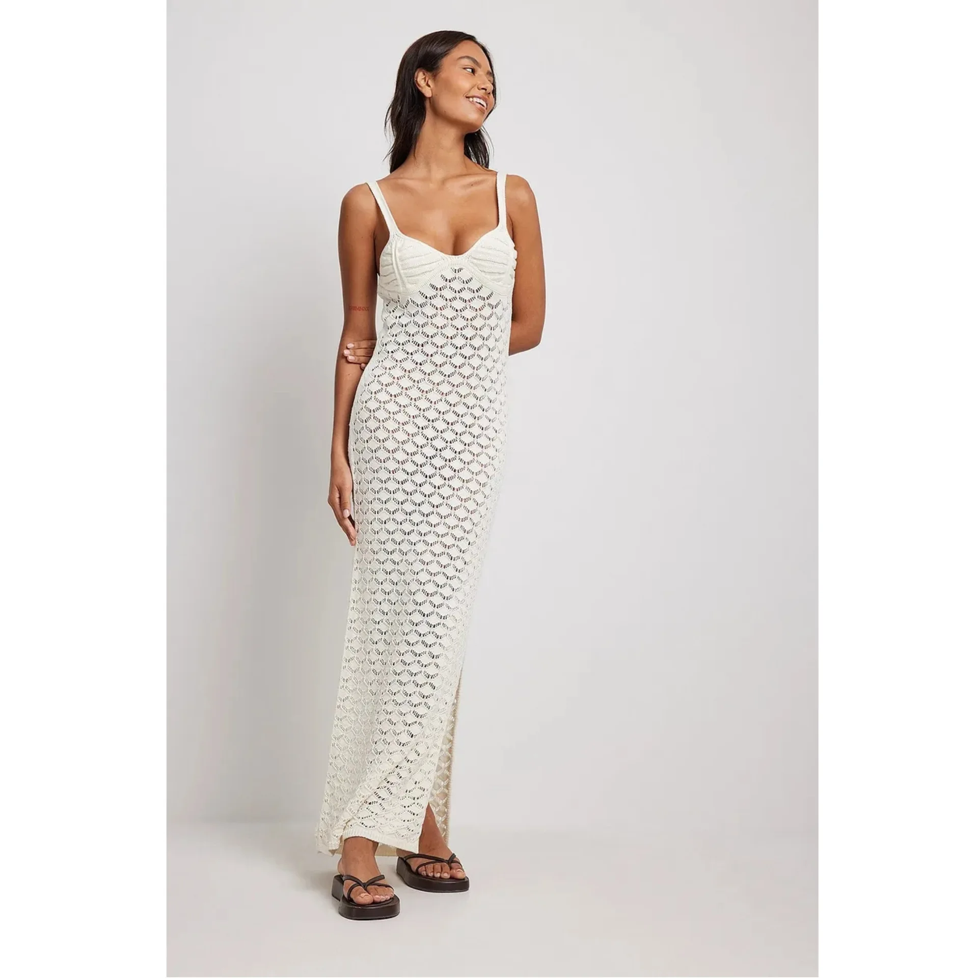 2026 Summer New Arrival Cross-Border Resort-Style Knitted Maxi Dress Womens Slip V-neck Sheath Silhouette Side-Slit