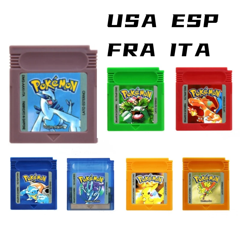 Cartouche de console de jeu vidéo 16 bits, carte de jeu GBC, série Pokemon, bleu, cristal, doré, vert, rouge, argent, jaune, USA, FRA, ESP, ITA, NOE