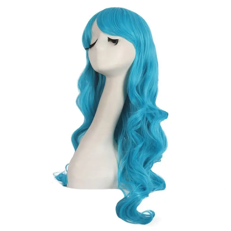 Tongmancos شعر مستعار طويل مع تجعيد طفيف، موجات كبيرة رقيق، شعر طويل مجعد على الطراز الياباني أزرق كامل الرأس 70 سم