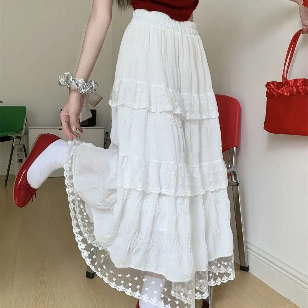 

Японские корейские женские весенне-летние милые кружевные белые юбки-миди, женская французская изящная юбка с высокой талией, новая модная женская одежда
