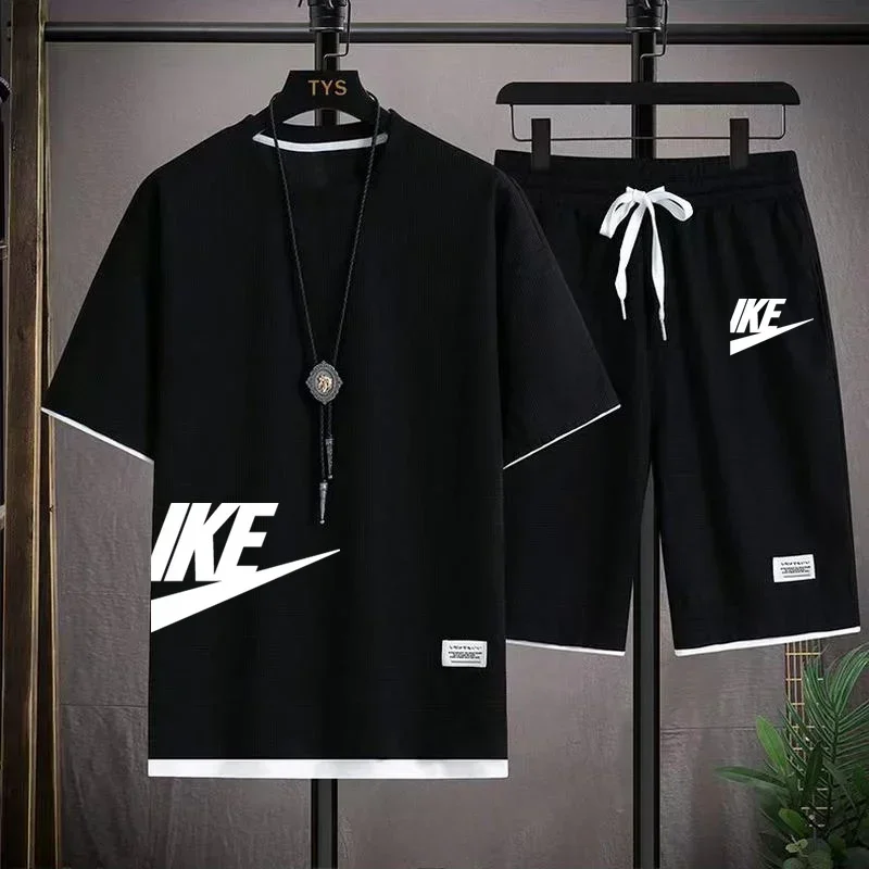 2024 Summer men's fashion breathable fitness basketball sports short sleeve T-shirt + casual jogging Korean shorts two-piece set