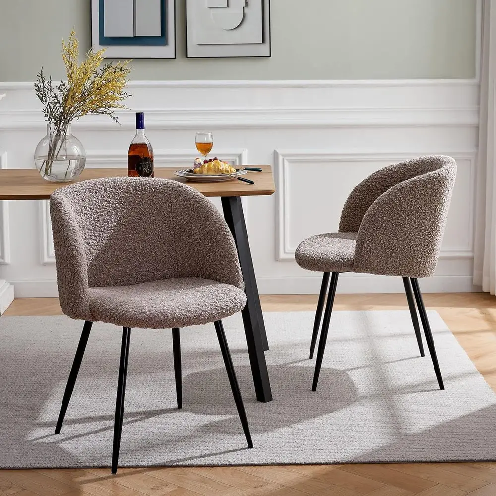 

Pair of Sherpa Fabric Barrel Back Dining Chairs with Upholstered Armrests on Black Metal Legs, Light Brown Living Room Chairs