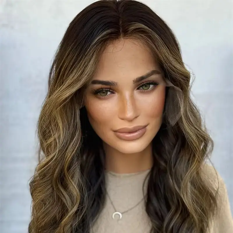 

HD Glueless Wig Ombre Chestnut Brown Long Length Wig Synthetic Lace Front Wig Soft Body Wave Wig for Black White Women Party Wig