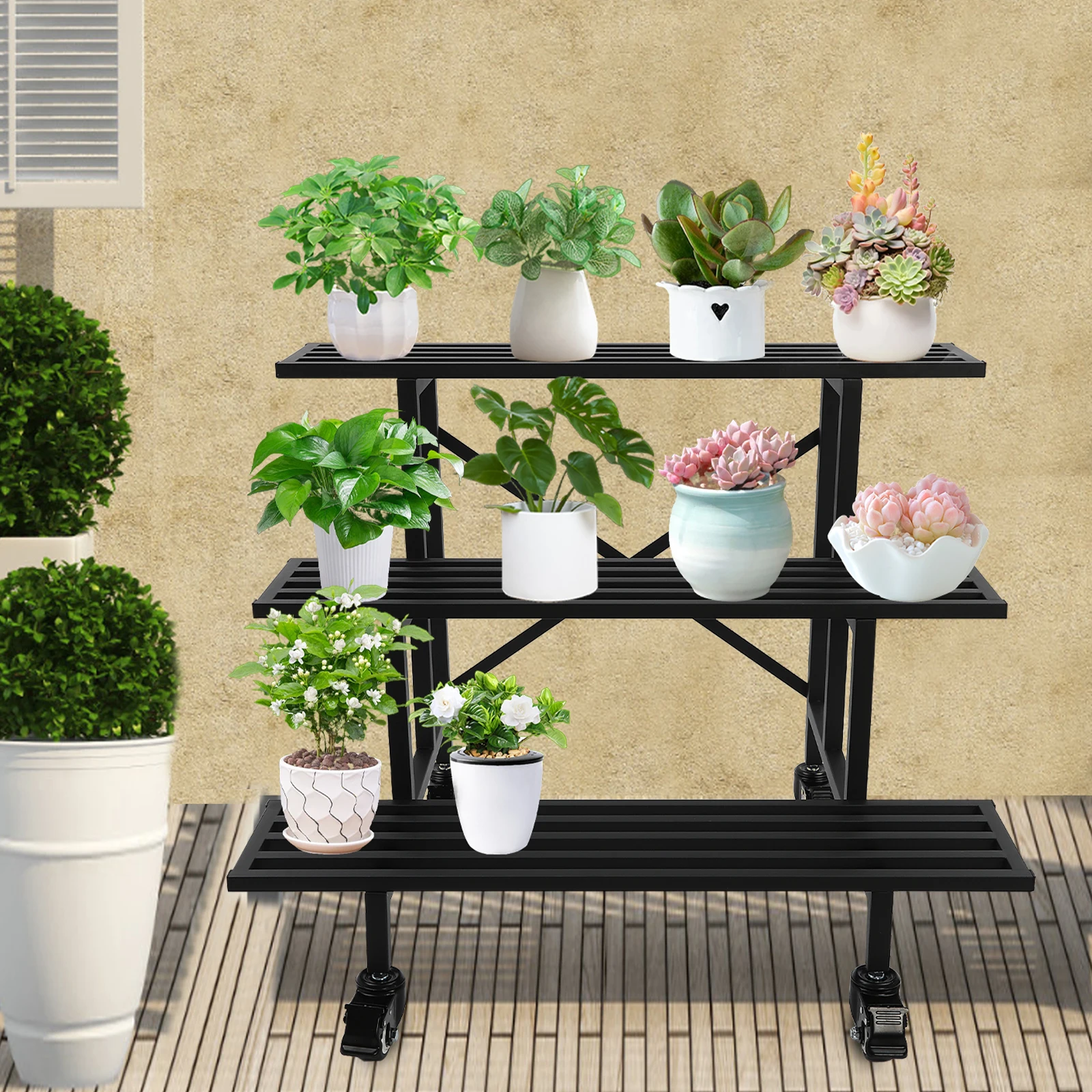 Garden Plant Shelf Three-Layer Metal Plant Frame Rust Resistant Moving Garden Plant Holder Easy to Clean for Balcony/Garden