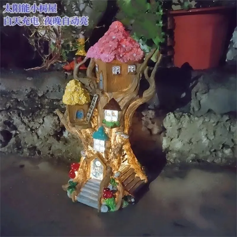 Mysterious Tree House Solar Garden Statues Outdoor Landscape Night Light Ornament Courtyard Balcony Decoration