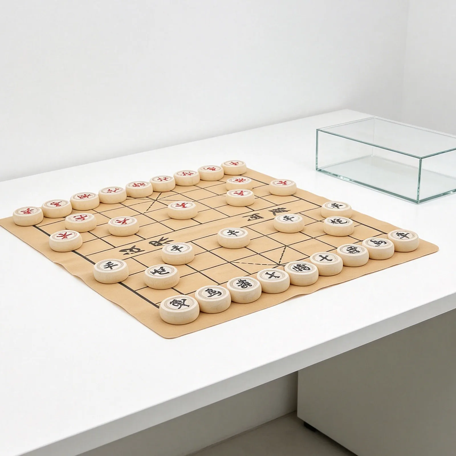 1Set Wooden Chinese Xiangqi Chess Set PU Board Traditional Handmade Xiangqi Pieces Portable Storage Box Travel Family